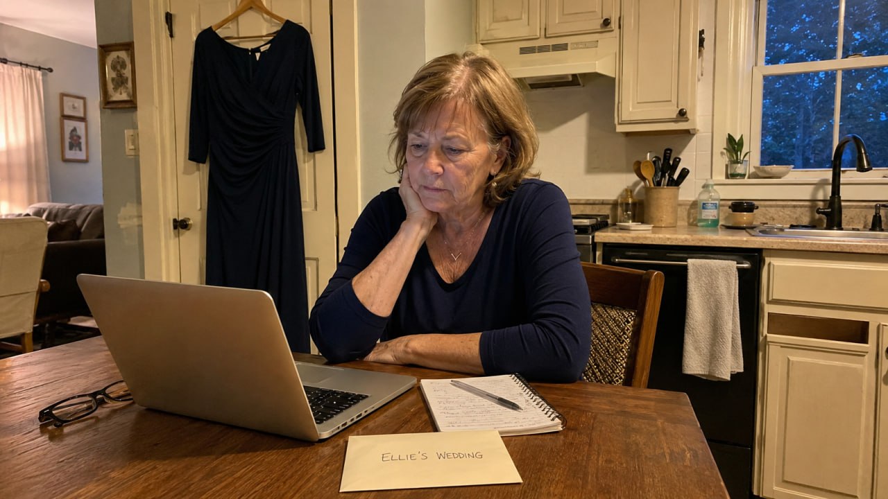 An older woman sits at her kitchen table in the evening, looking at a laptop. A navy dress hangs on a door behind her. On the table is an envelope reading Ellie's Wedding.