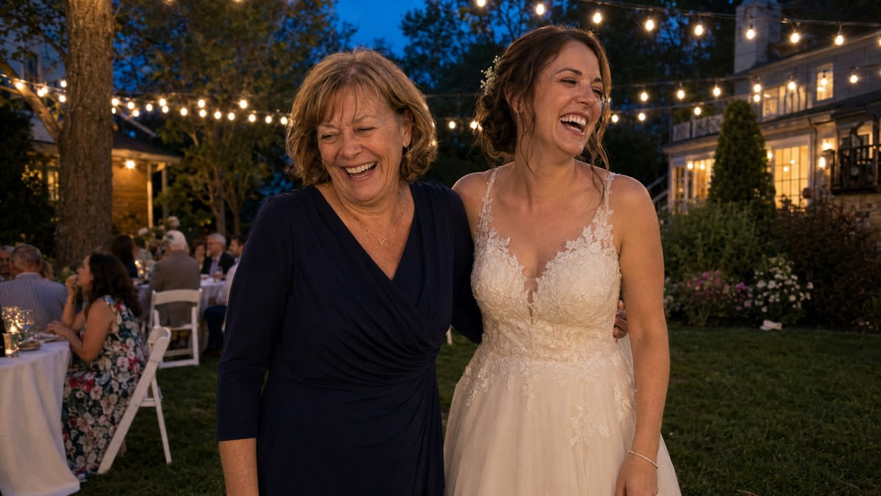 A grandmother in a navy dress stands beside her newly married granddaughter in a wedding gown beneath garden lights. Both are laughing warmly.
